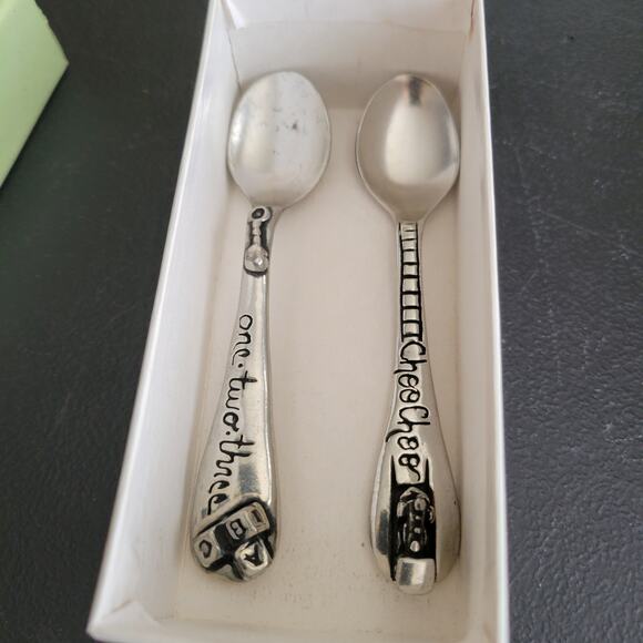 Two Metal Morphosis Baby Spoons Choo Choo and 123 with One Box - Picture 3 of 10